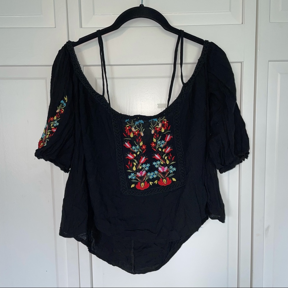 Black Embroidered Crop Top Fancy Flirty Girly Off the Shoulder Boho Latina
